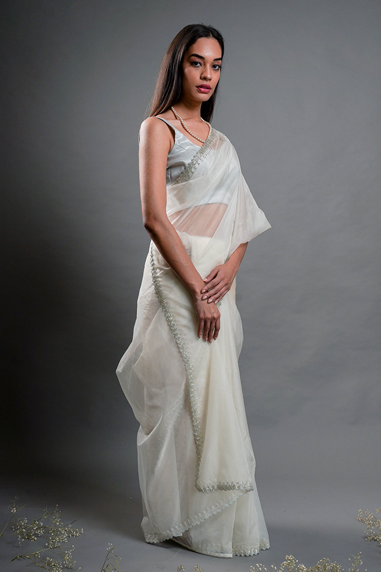 Regal Pure White Organza Saree with Delicate Handwork Blouse