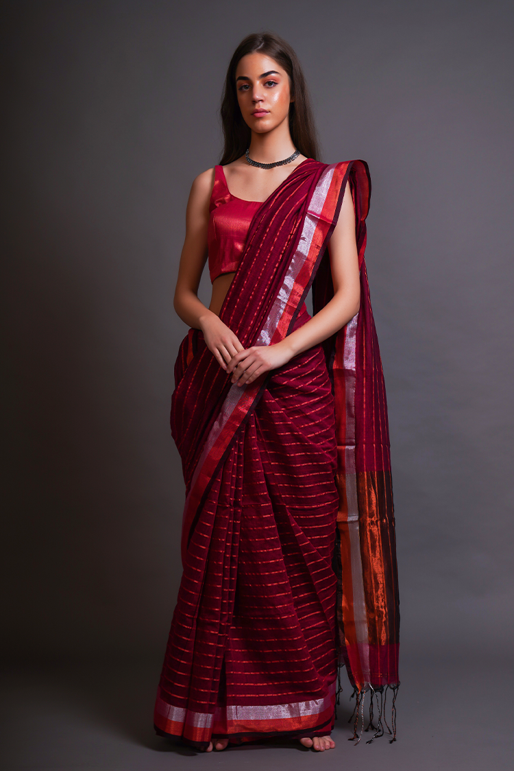 Buy Royal Magenta Tissue Cotton Saree With Copper Zari Lines buy-royal-magenta-tissue-cotton-saree-with-copper-zari-lines