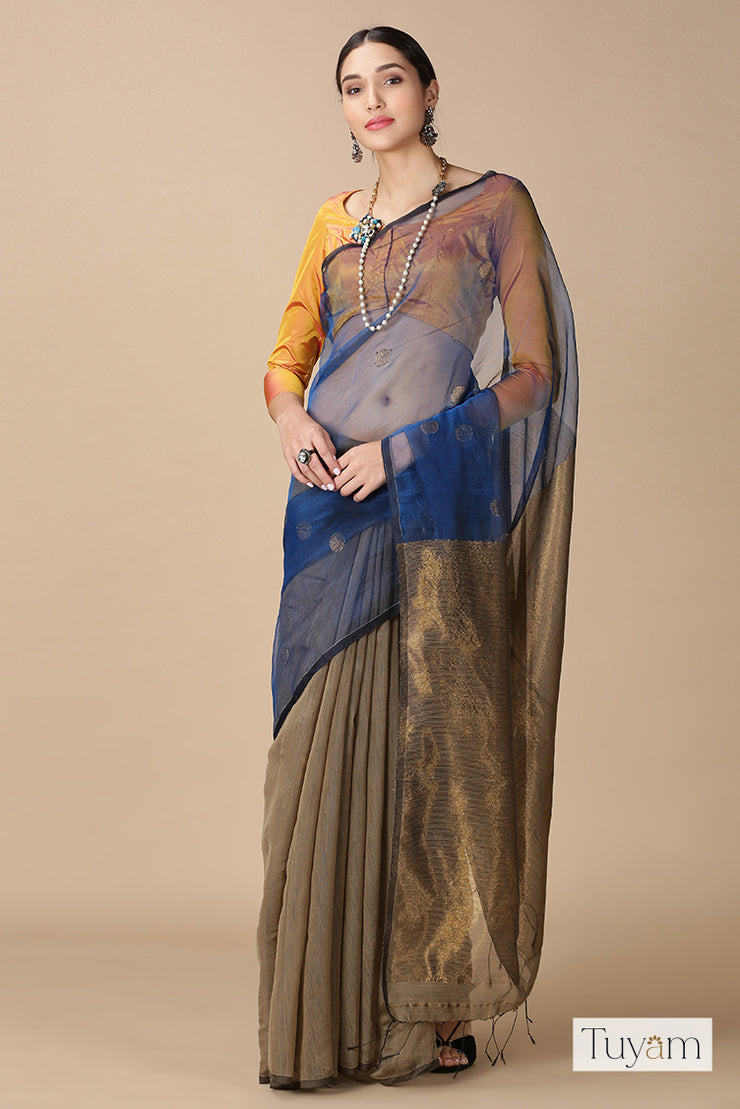 Buy Blue And Golden Transparent Chanderi Silk Cotton Saree - Tuyam