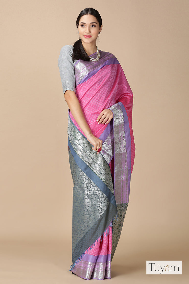 Banarasee Cotton Silk Mix Kota Checks Saree With Zari Design-Yellow &